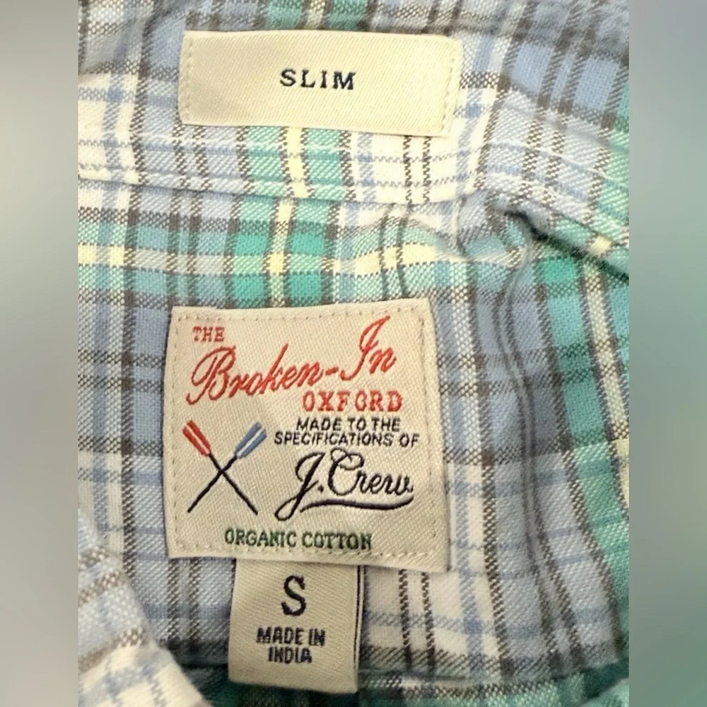 J.Crew Broken-In Oxford Shirt Mens Small Green Blue Long Sleeve Button-Down Slim